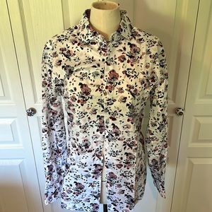 RW & Co. New Men’s button up shirt, pixelated/pointillism floral pattern.